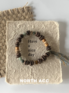 NORTHACC度假风咖啡豆手链天然石檀木椰片拼接手串小众设计高级感