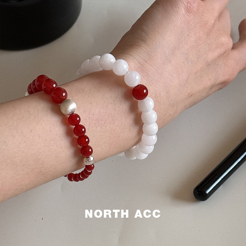 NORTHACC新中式天然红玛瑙白和田玉拼银珠手串简约小众叠戴手环