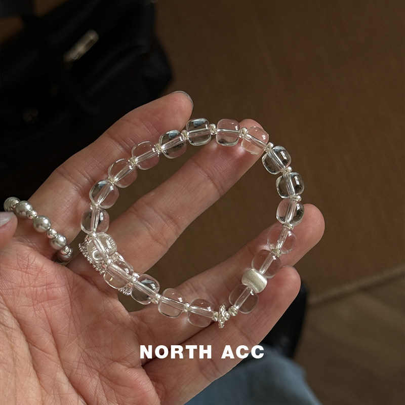 NORTHACC新中式透明清透巴西白水晶S925纯银拉丝转运珠手串极简女