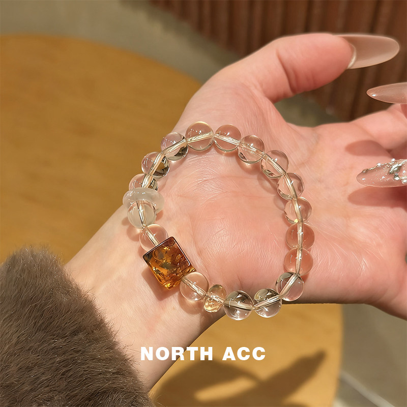 NORTHACC新中式复古天然白水晶手链小众设计高级感琥珀转运手串珠