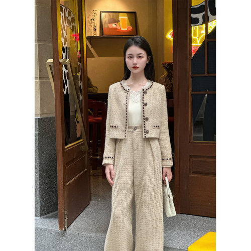 【暮秋晚风】小娜椒小个子气质小香风短款外套高腰显瘦长裤套装女