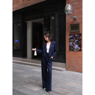 【高智随性】小娜椒小个子气质短款西装外套休闲裤藏蓝色套装女