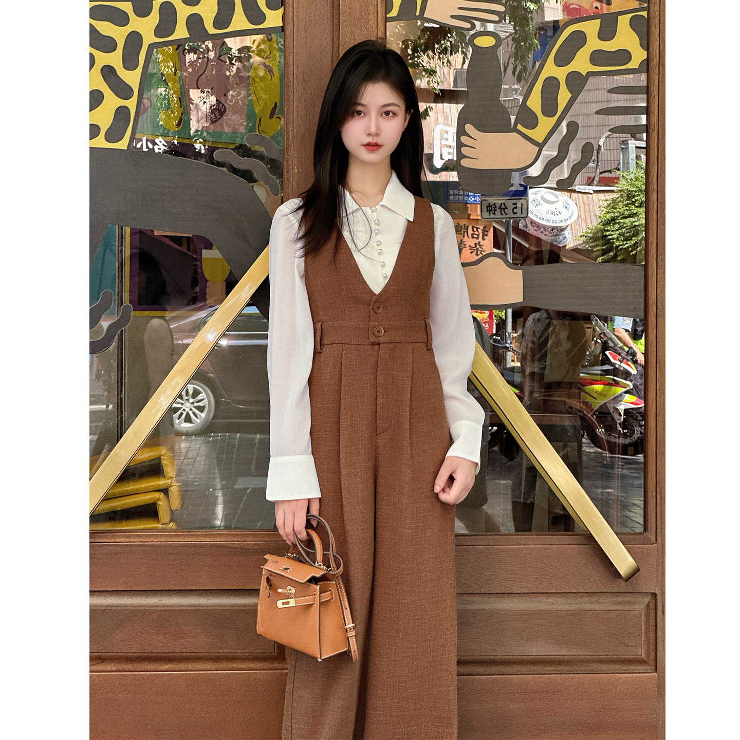 【垂纶纪事】小娜椒小个子秋季气质时尚衬衫显瘦V领高腰连体裤女