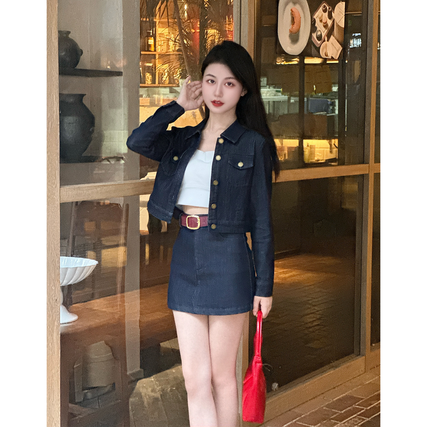 【港岛往事】小娜椒小个子重工秋季牛仔短款外套时尚半身裙裤子女