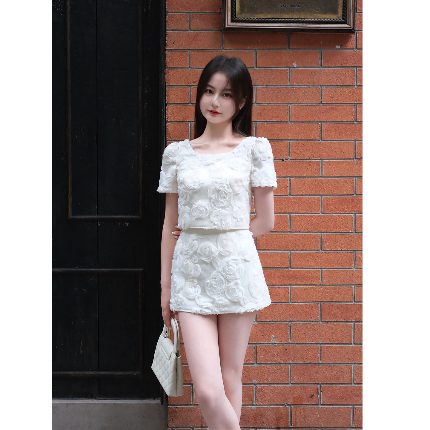 【馥郁少女】小娜椒小个子气质浪漫浮雕花朵短上衣半身短裙套装女