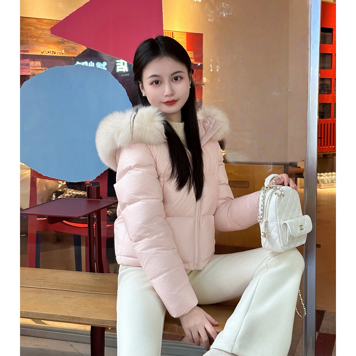 【伯恩少女】小娜椒小个子连帽毛领时尚简约短款粉色羽绒服外套女