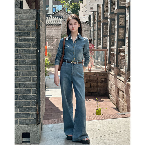 【纽约转角】小娜椒小个子蓝色复古翻领衬衫牛仔时尚长裤套装女