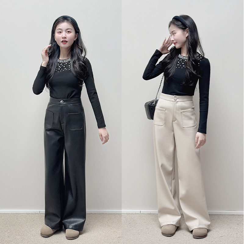 【千金玛德琳】小娜椒小个子高级感皮裤2024磨毛显瘦直筒休闲裤女,女装/女士精品,休闲裤,淘宝优惠券,粉丝福利购,淘宝优惠卷