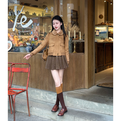 【焦糖摩卡】小娜椒小个子棕色翻领短款皮毛一体时尚夹克外套女