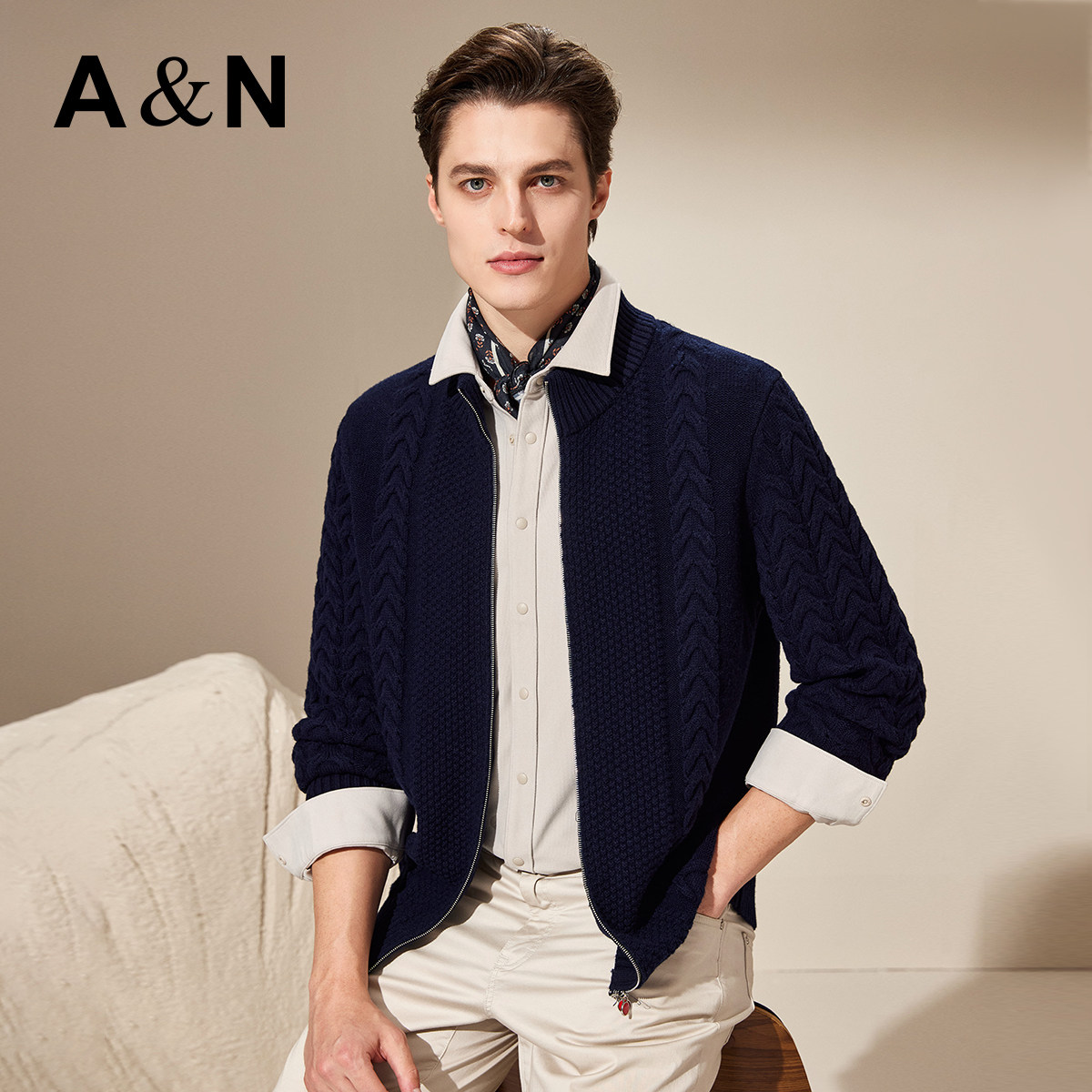 【轻奢简约 100%绵羊毛】安东尼奥老钱风立体绞花针织开衫男毛衣