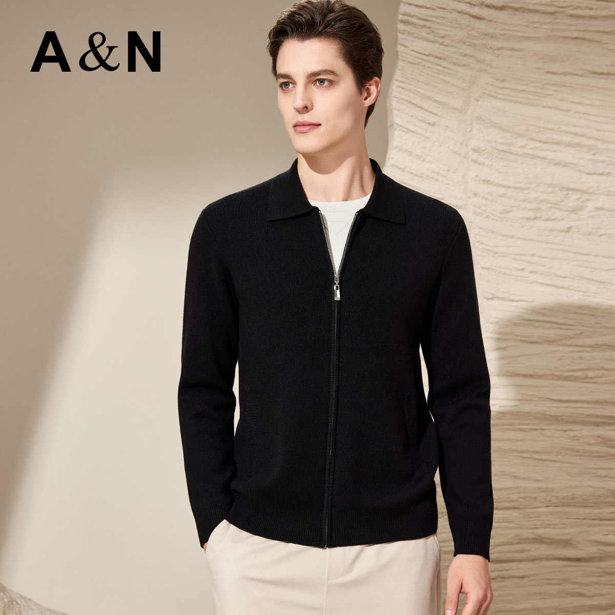 AntonNeal男装 可机洗羊毛开衫男长袖翻领休闲高级针织夹克外套秋
