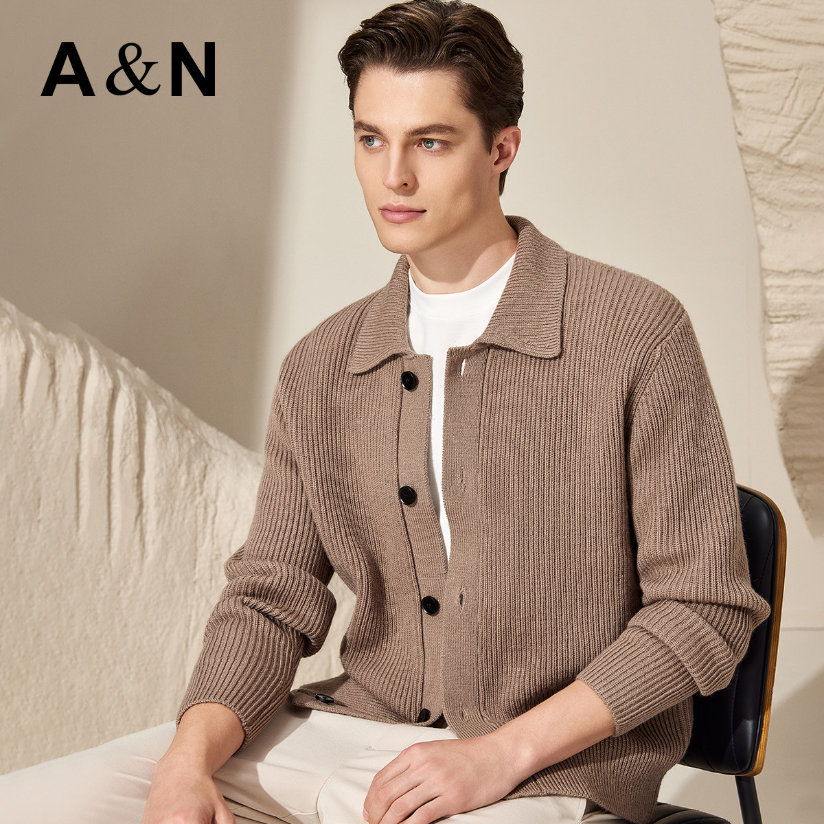 AntonNeal男装 100%绵羊毛针织开衫条纹肌理休闲翻领毛衣外套秋季