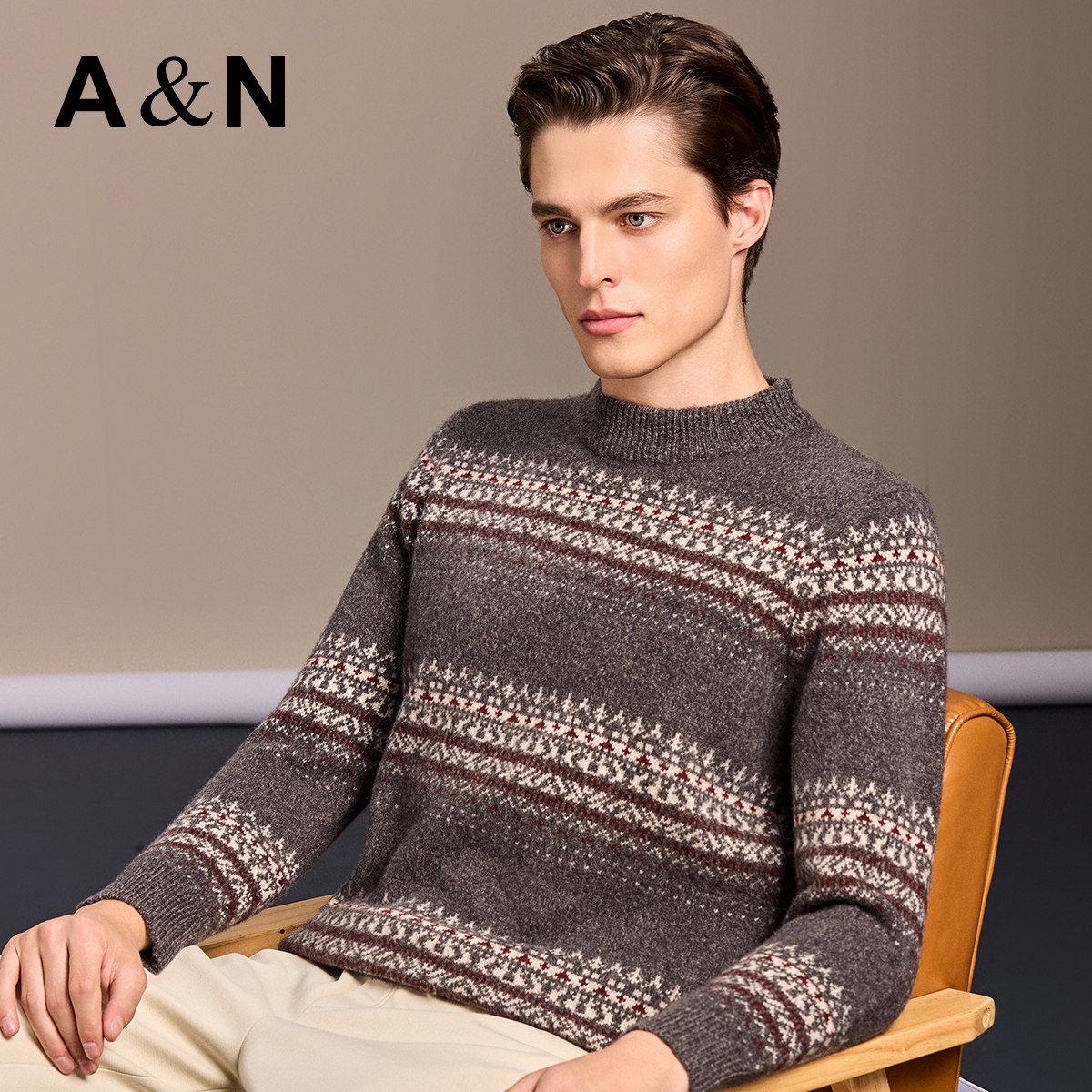 【100%绵羊毛】AntonNeal费尔岛提花针织衫男秋冬保暖半高领毛衣