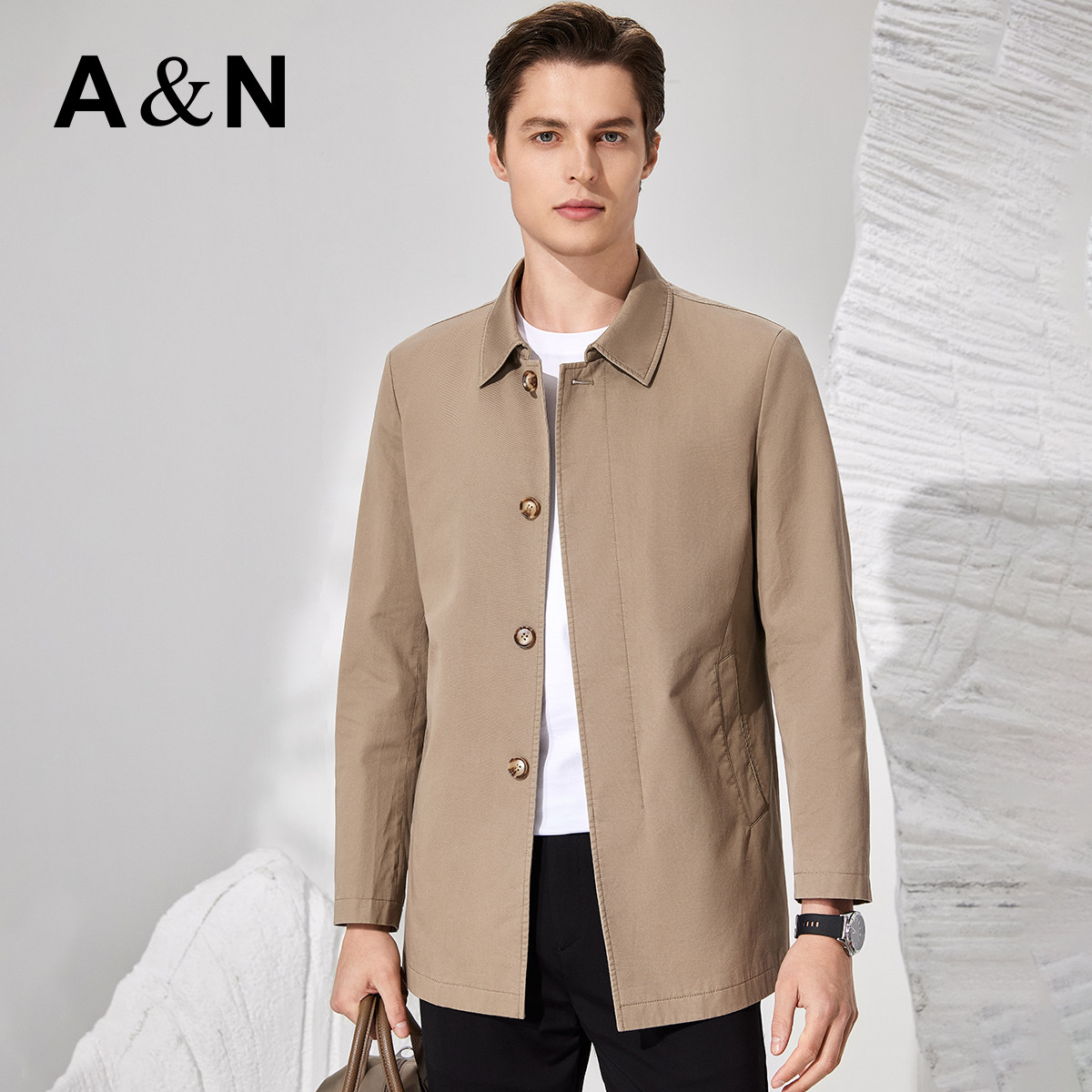 【100%精梳长绒棉】AntonNeal秋季中长款风衣男休闲挺括翻领外套