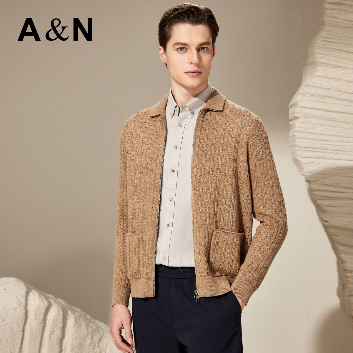 AntonNeal男装 时尚挑针镂空毛衣秋季休闲翻领长袖高级感针织外套