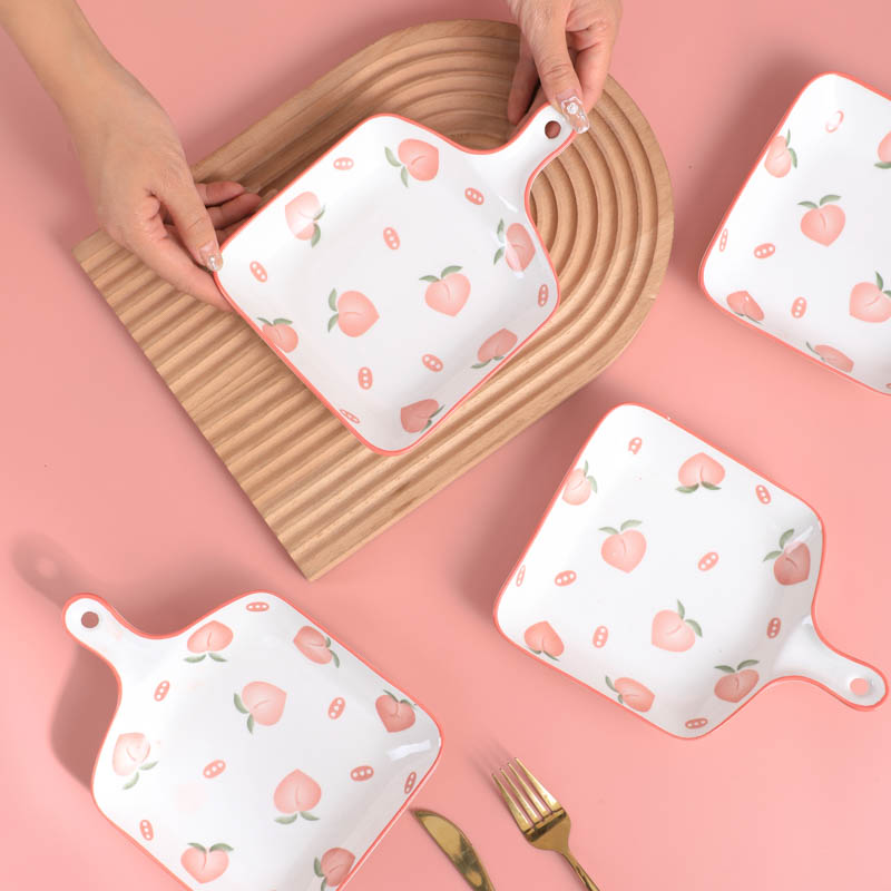 新款陶瓷创意盘子菜盘家用日式带手柄水果烤盘烤箱微波炉专用盘子