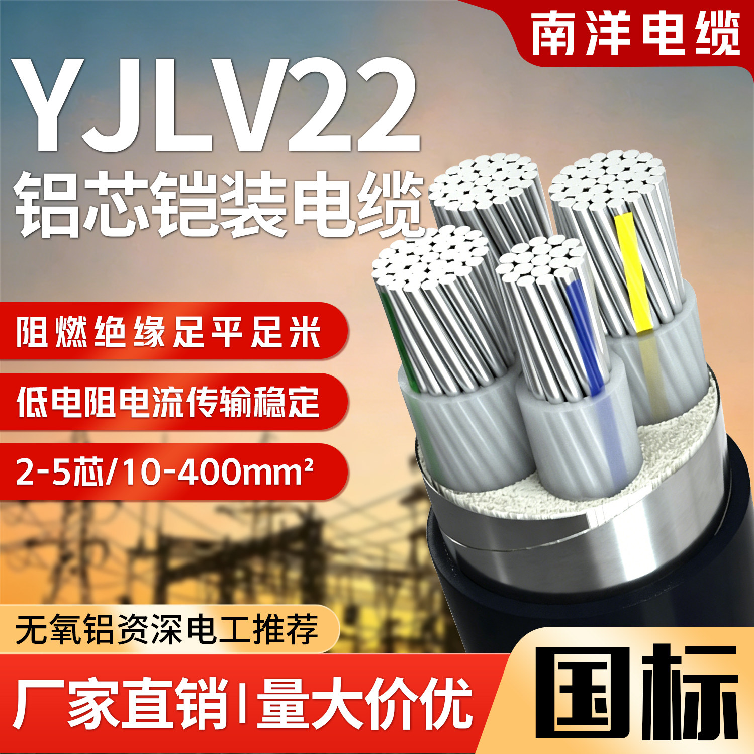 南洋电缆国标纯铝芯YJLV22铠装2/3/4/5芯10/25/35/50-400平方电线