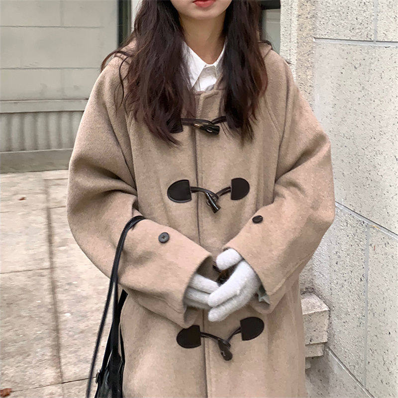 2025冬季连帽牛角扣毛呢外套女英伦风韩版宽松过膝加厚中长款大衣