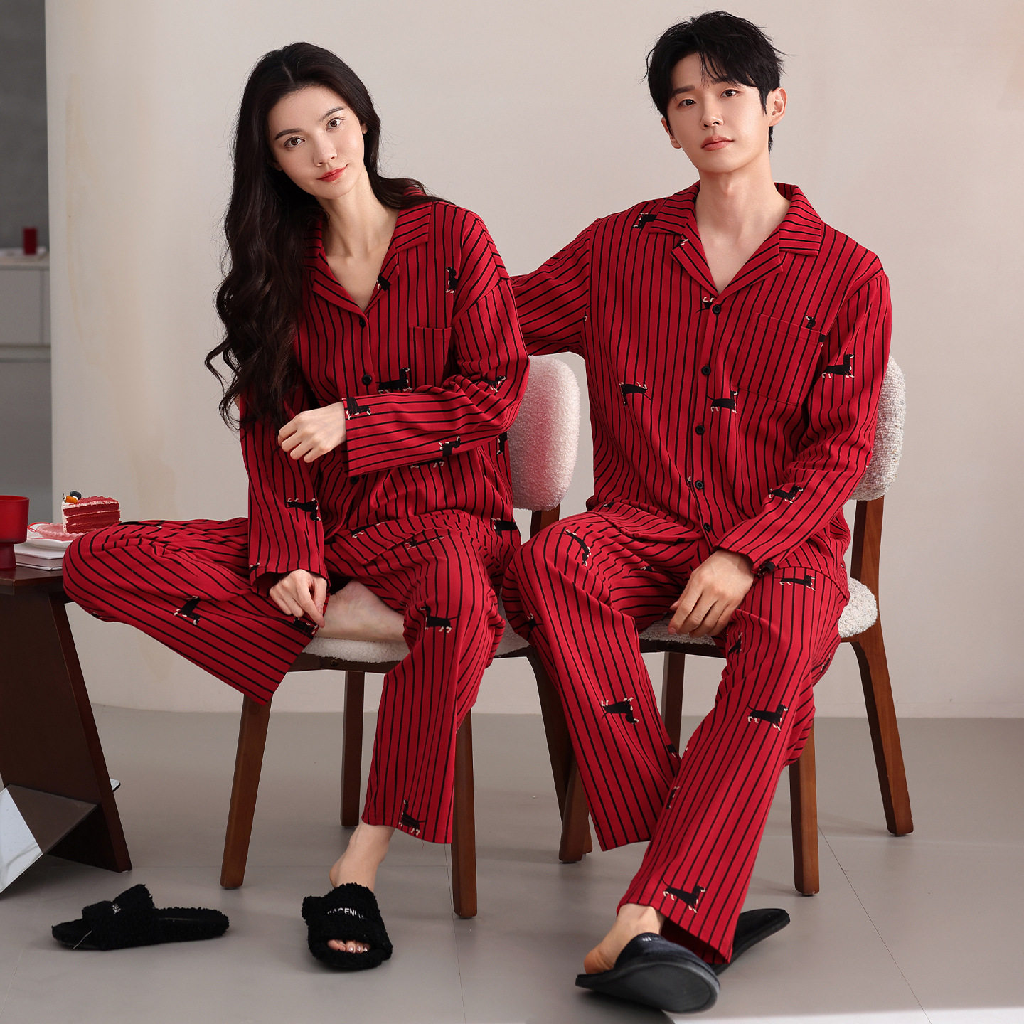 全棉纯棉纯棉睡衣女新婚套装大红色本命年可外穿男士家居服套装