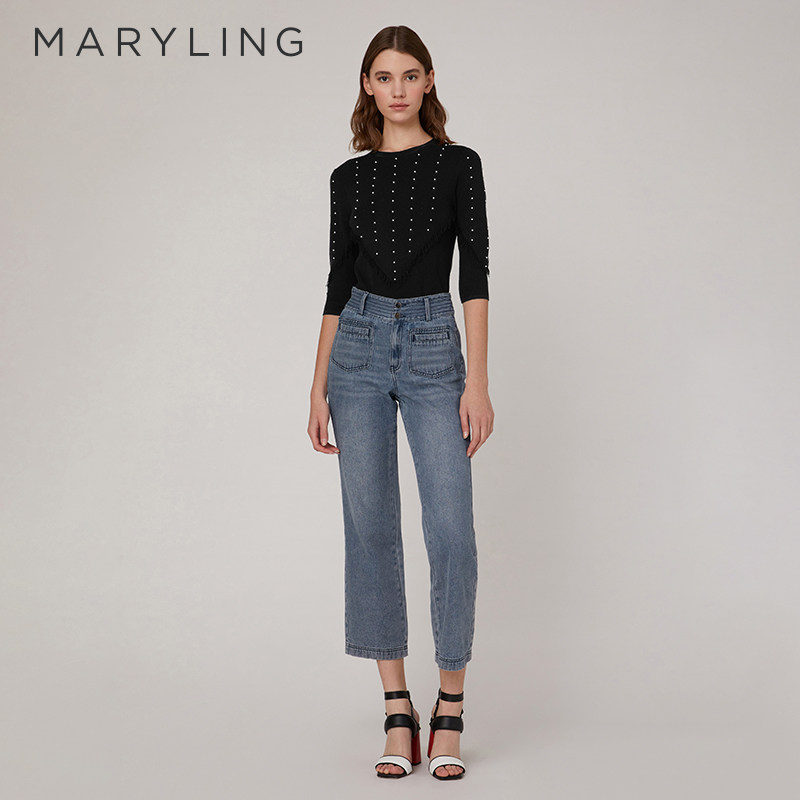 MARYLING仿珍珠点缀中袖针织衫图片