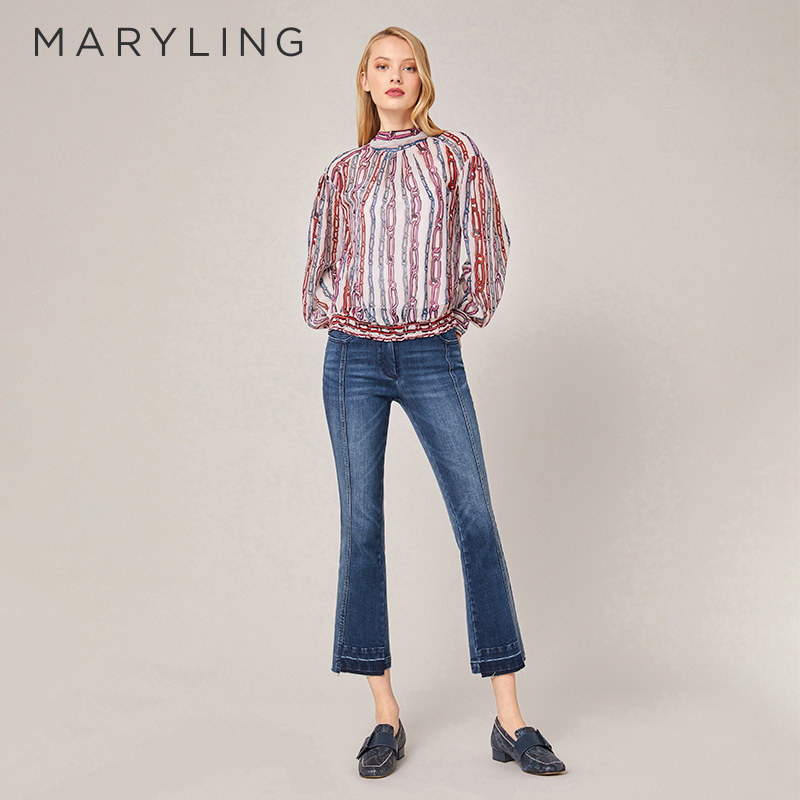 MARYLING丹宁蓝微喇牛仔裤图片