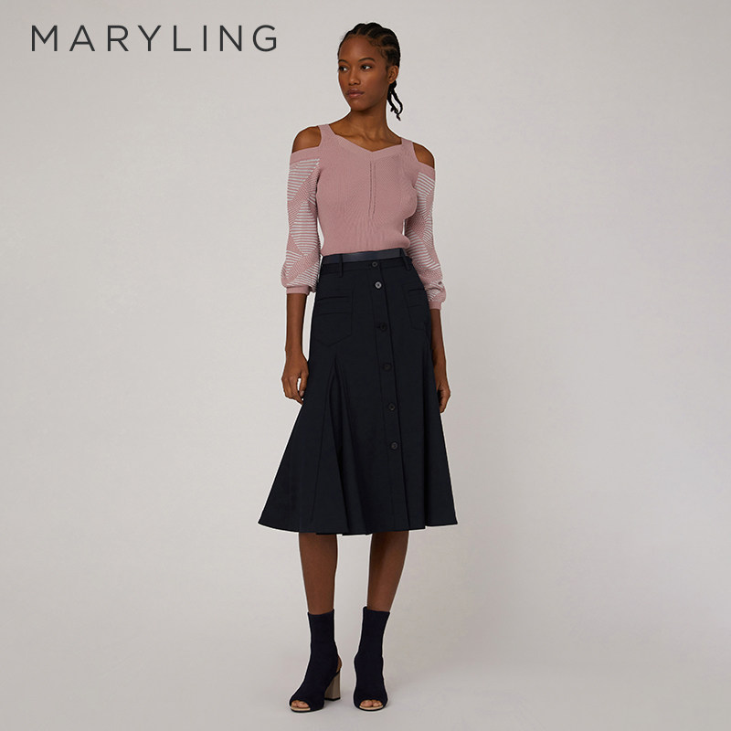 MARYLING玛俪琳奥莱outlets樱花粉V领露肩灯笼袖针织衫A1CAW03090