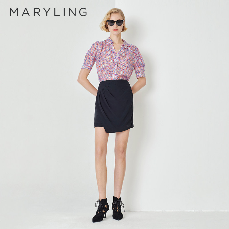 MARYLING玛俪琳奥莱outlets彩色碎花衬衫领A摆真丝上衣A1DDW20690