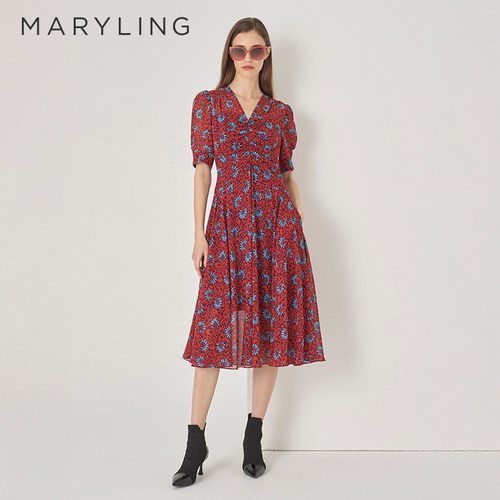 MARYLINGV领收腰碎花连衣裙