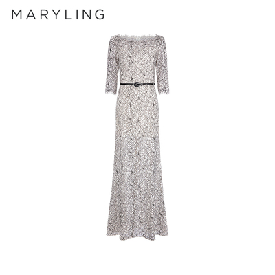 MARYLING玛丽琳奥莱outlets黑白繁花一字领鱼尾礼服裙A1DCW68510