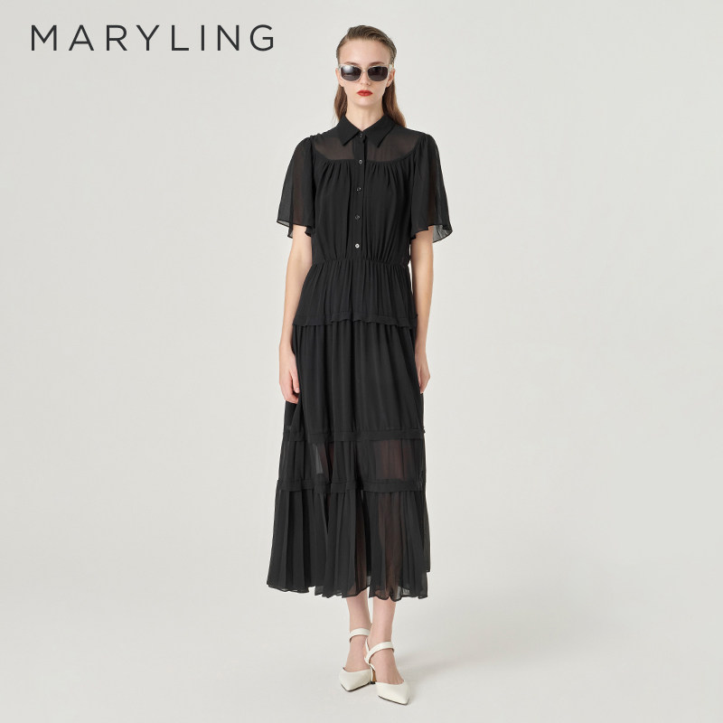 MARYLING玛俪琳奥莱outlets黑色衬衫领压褶塔塔连衣裙A1ECW64130图片