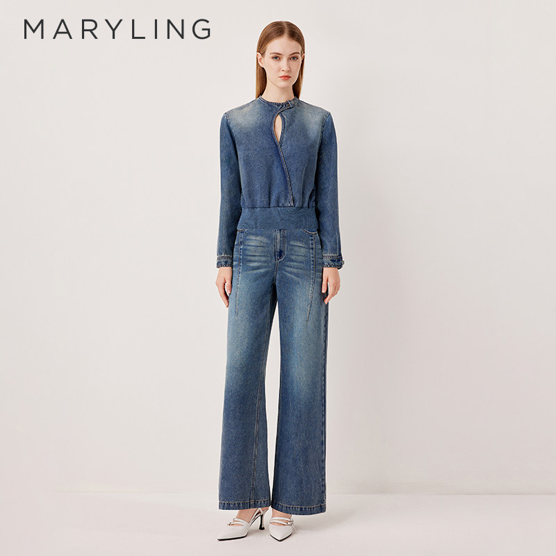 MARYLING玛俪琳奥莱outlets优雅摩登宽松水洗牛仔长裤A1FFW56010图片
