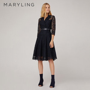 MARYLING玛俪琳奥莱outlets午夜蓝蕾丝西装裙A字连衣裙A1CAW61430