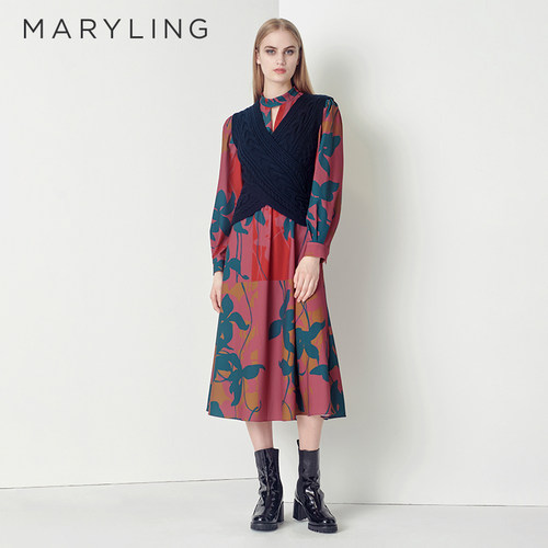 MARYLING镂空V领印花连衣裙