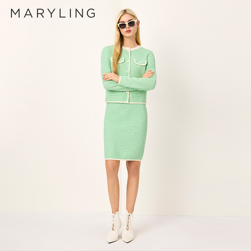MARYLING玛俪琳奥莱outlets春季淡绿色粗花呢针织开衫A1FBW09100