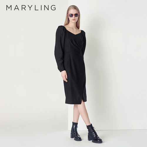 MARYLINGV领开衩直身连衣裙