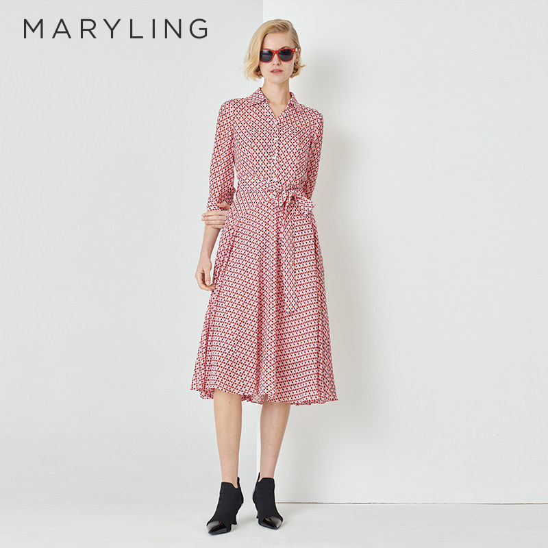 MARYLING玛俪琳奥莱outlets粉色千鸟格V领衬衣式连衣裙A1DBW62290
