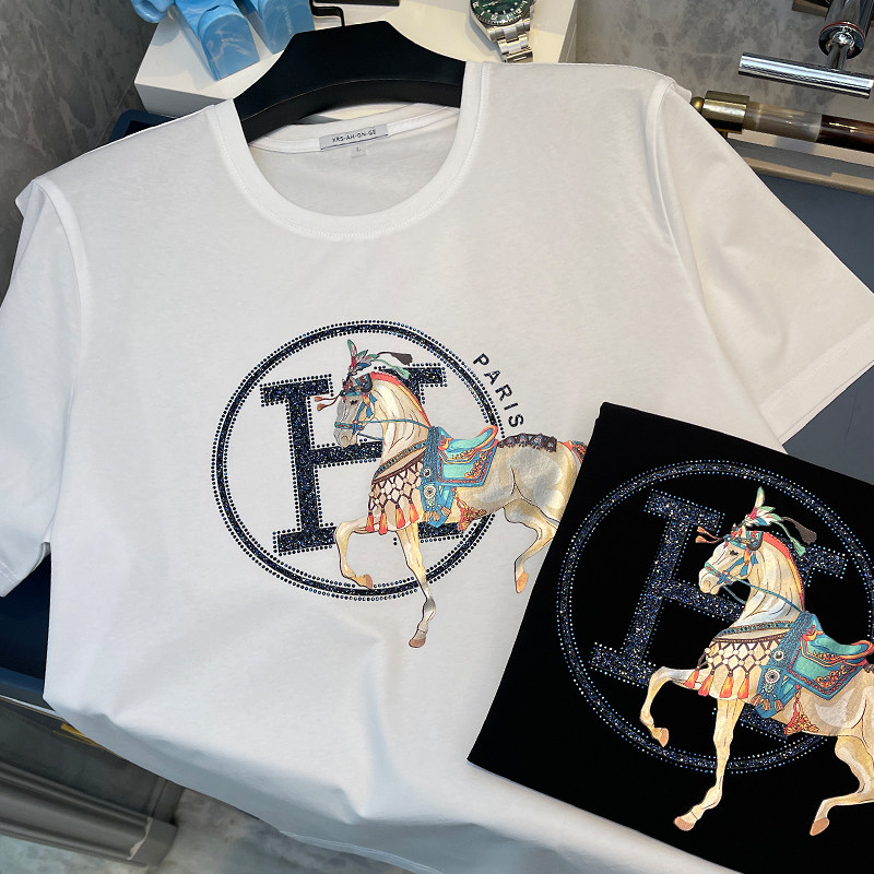 欧洲站轻奢短袖t恤男高端潮流H马烫钻夏季冰丝薄款圆领白色半袖衫