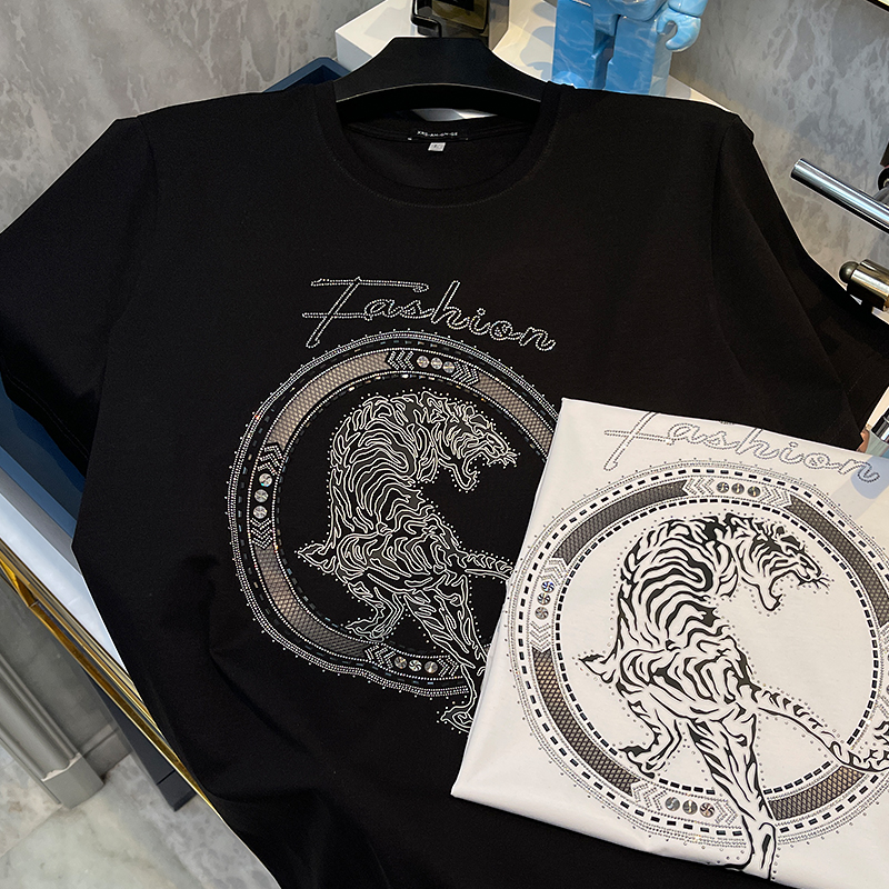 欧洲站短袖t恤男2025夏季新款潮牌老虎烫钻高品质丝光棉修身半袖t