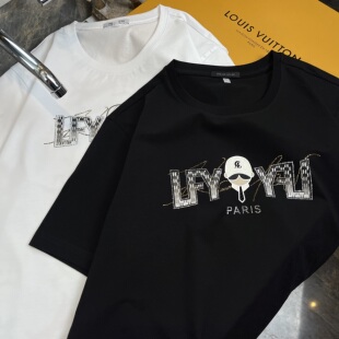 高端欧货!老佛爷字母烫钻大牌短袖T恤男冰丝凉感青年修身打底衫