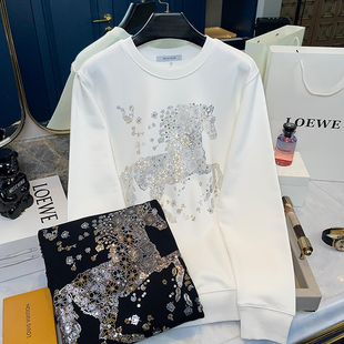 欧货大牌轻奢卫衣男外套战马烫钻潮流高质感纯棉加绒修身百搭上衣