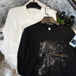 高端潮牌2025新款长袖薄卫衣男士马图案烫金体恤欧洲站打底衫上衣