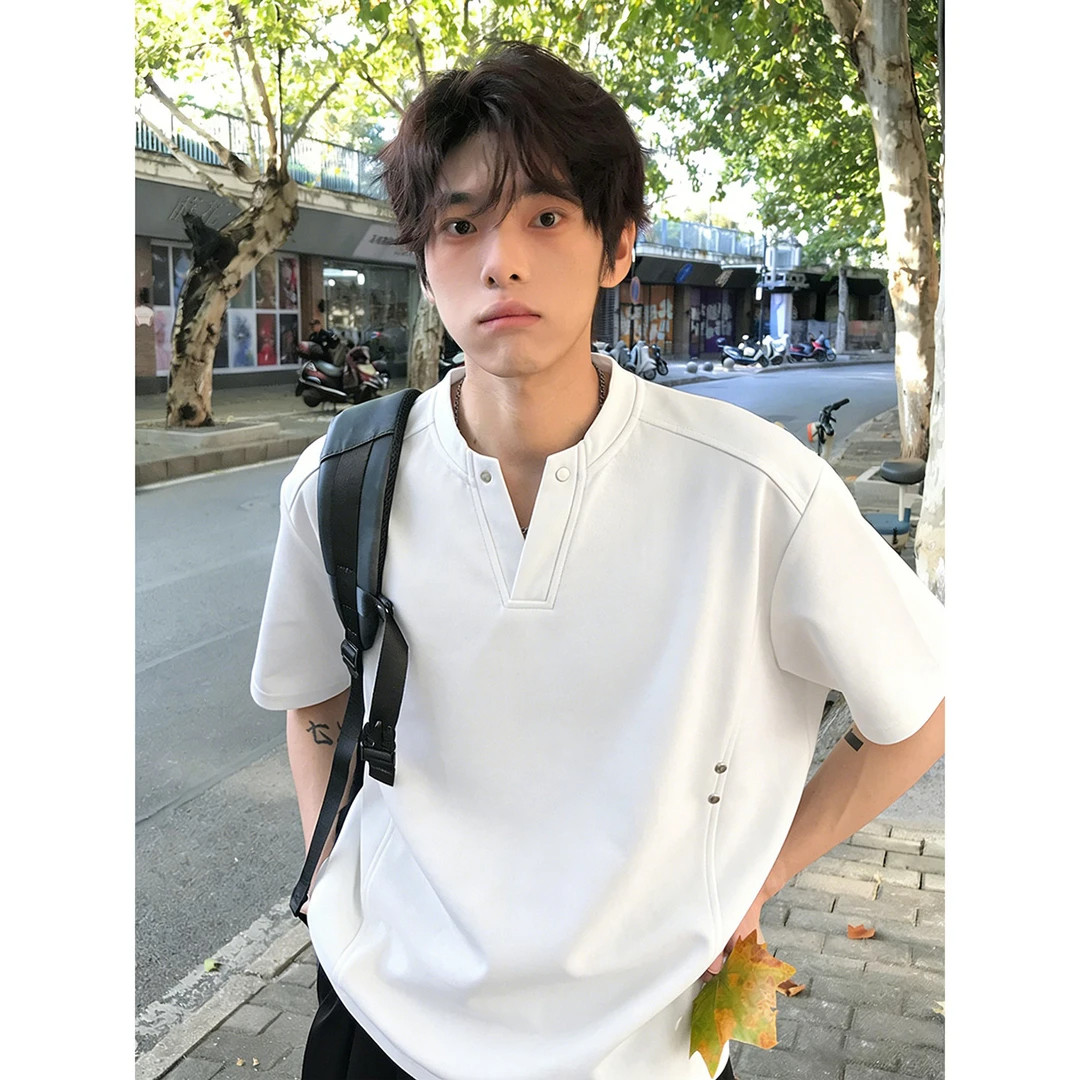 美式cleanfit铆钉V领短袖t恤夏季图片