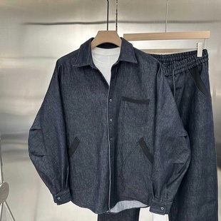 潮流宽松痞帅裤 男美式 子两件套 300斤秋复古拼色水洗牛仔衬衫 大码