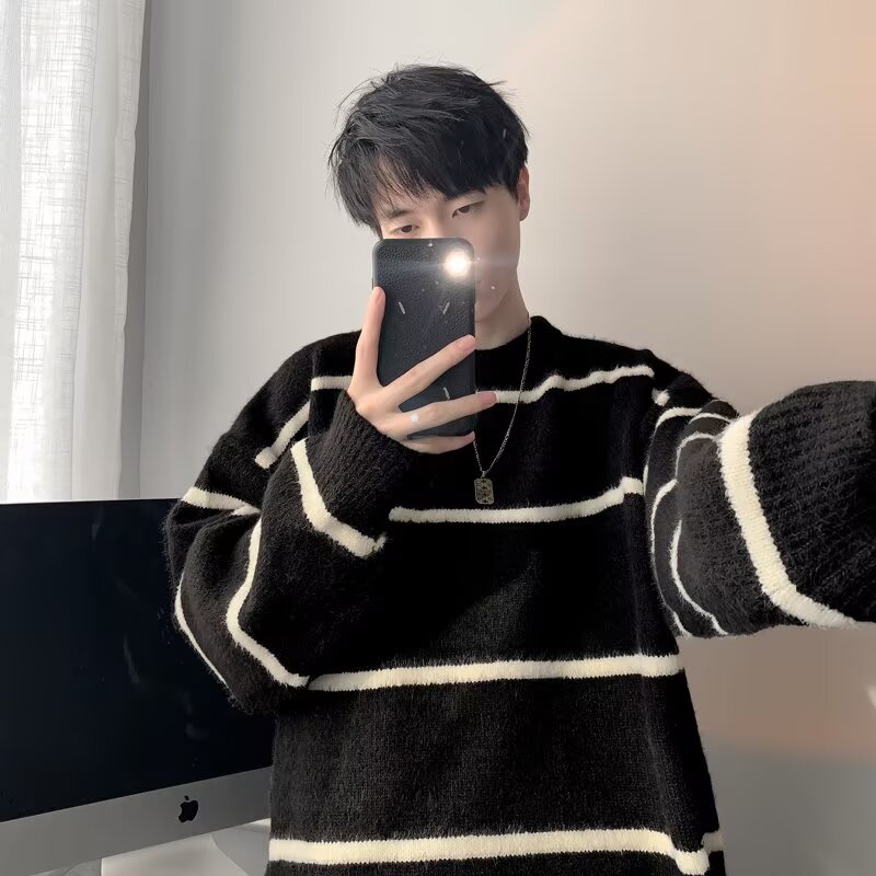 韩版条纹圆领毛衣男女秋冬宽松