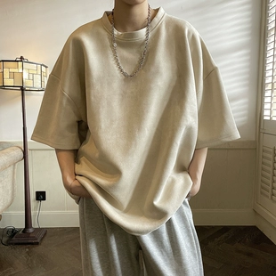 复古t恤男短袖 300斤美式 宽松潮牌麂皮绒垂感半袖 男士 大码 夏季 体恤
