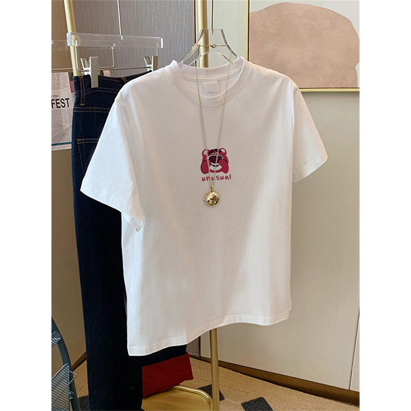特大码300斤小熊短袖t恤男女夏季新款宽松正肩纯棉白色体恤上衣服