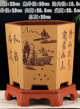 六角直口紫砂花盆君子兰陶瓷绿萝多肉种菜盆景盆栽精品六方兰花盆