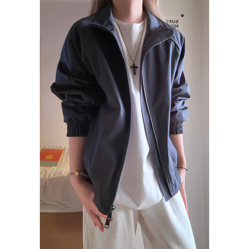 深灰色美式boxy飞行立领夹克男款春季显壮显肩宽cleanfit正肩外套