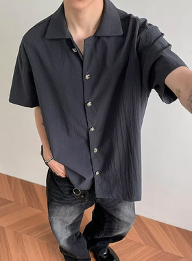 港风永生花扣BOYX正肩冰丝短袖衬衫男休闲百搭薄款防晒五分袖外套