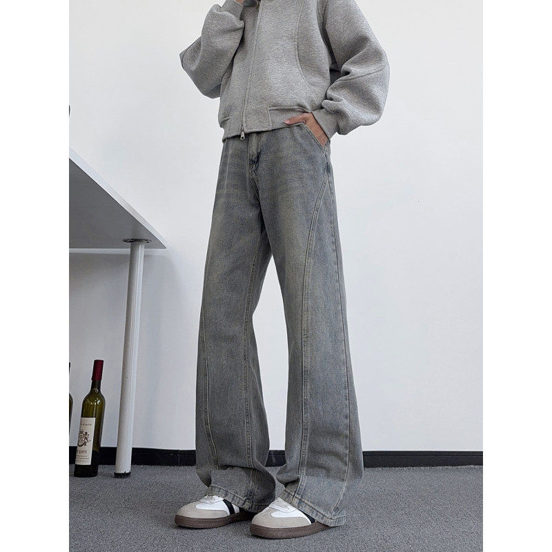 直筒牛仔裤蓝色斜切男款春秋美式vibe显瘦休闲裤子高街微喇弯刀裤